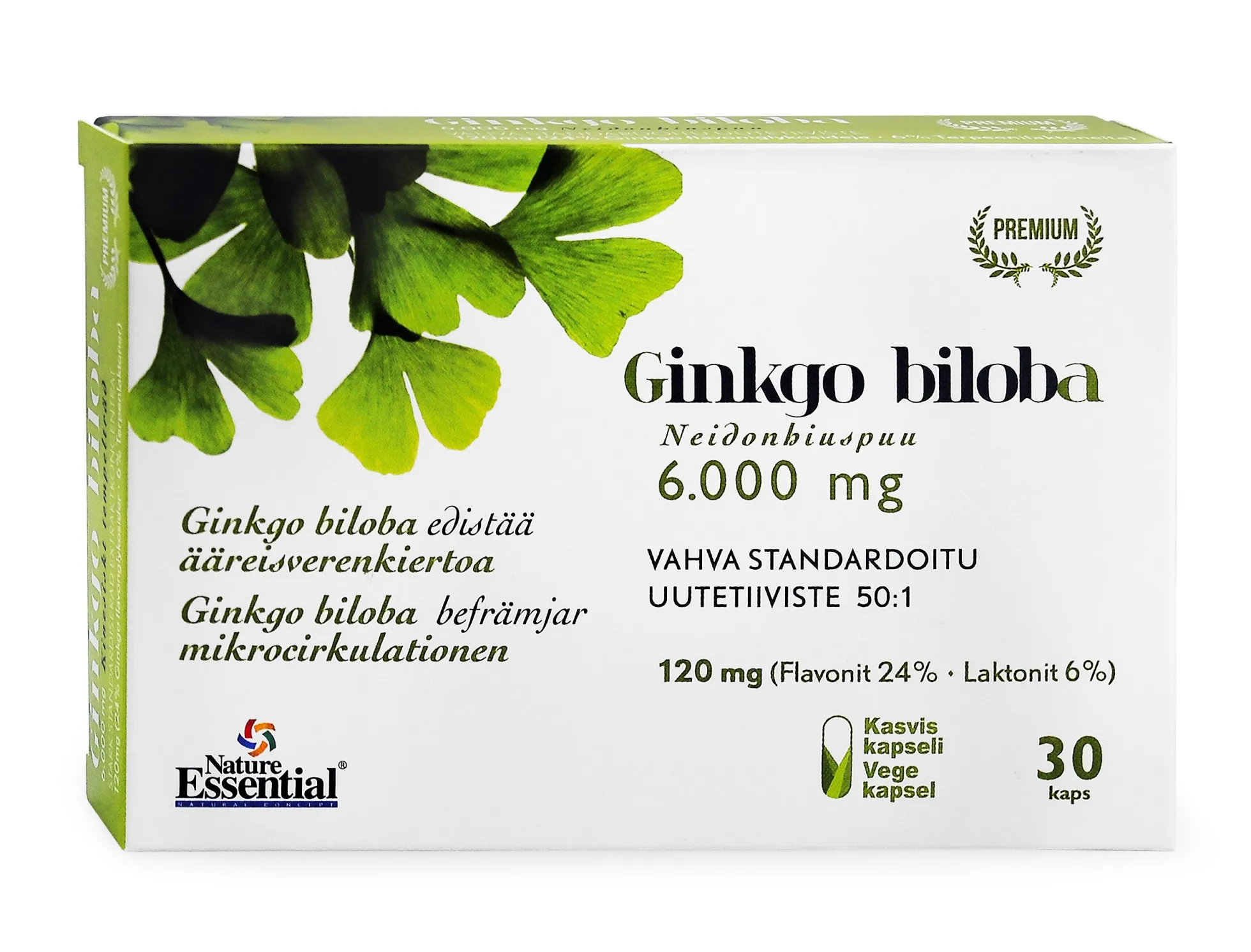 Ginkgo-neidonhiuspuu 6.000 mg + punaviininlehti + B1vitamiini + B2vitamiini + B12vitamiini