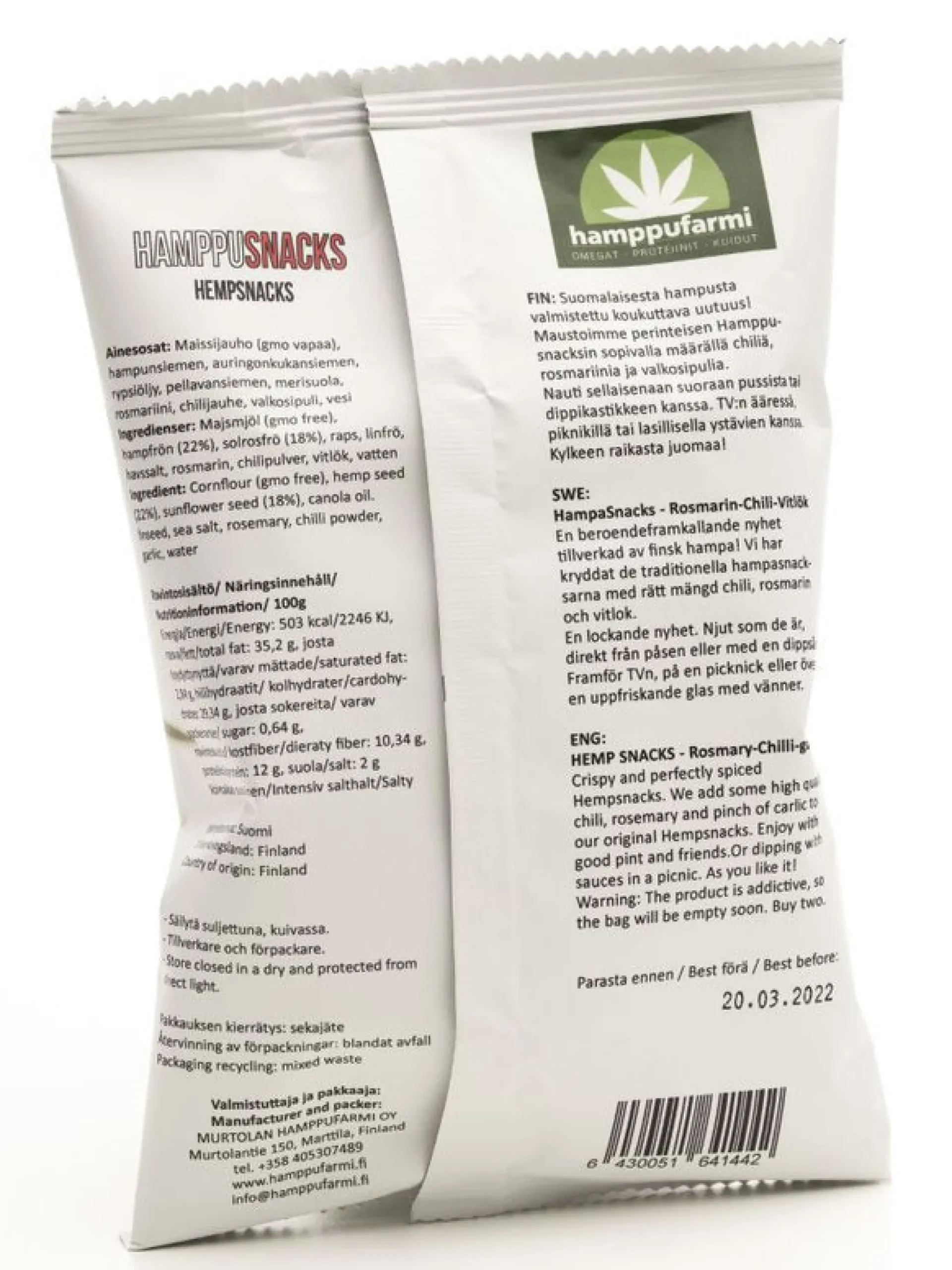 Hamppu-snack rosmariini-chili-valkosipuli, 85 g