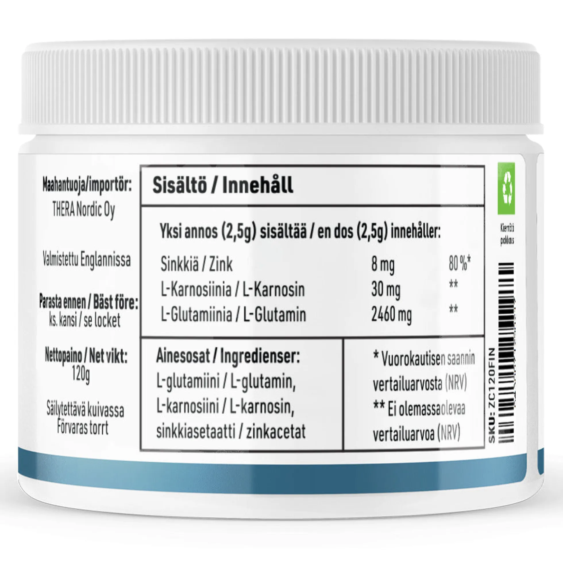 REZCUE Sinkkikarnosiini + Glutamiini, 120 g