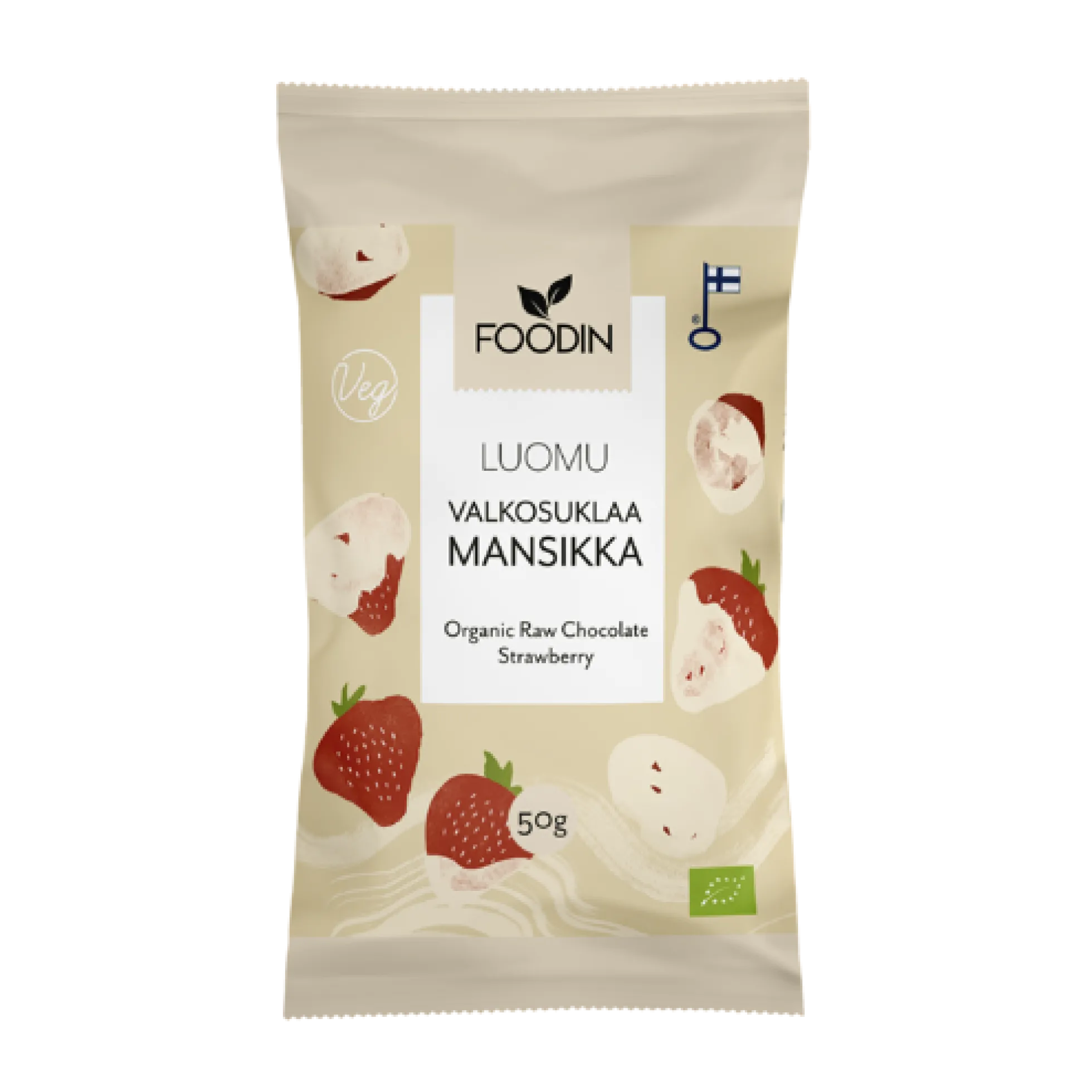 Valkosuklaakuorrutettu mansikka, 50 g